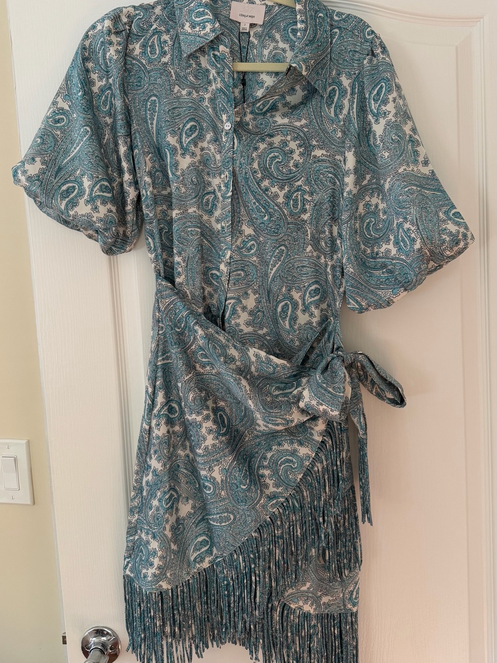 Cinq a Sept Teal Paisley Wrap Dress with Fringe